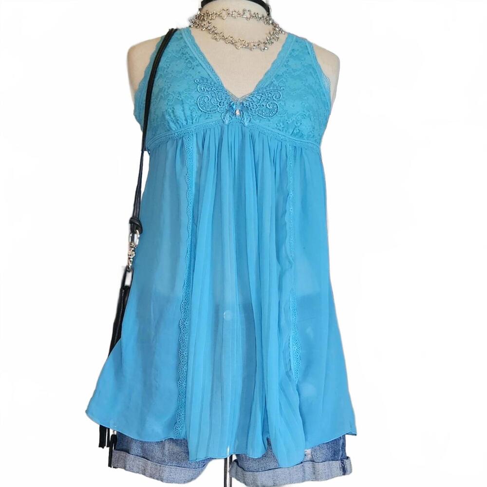 Womans Vintage Y2K Blue lace baby doll slip dress / tank top.
